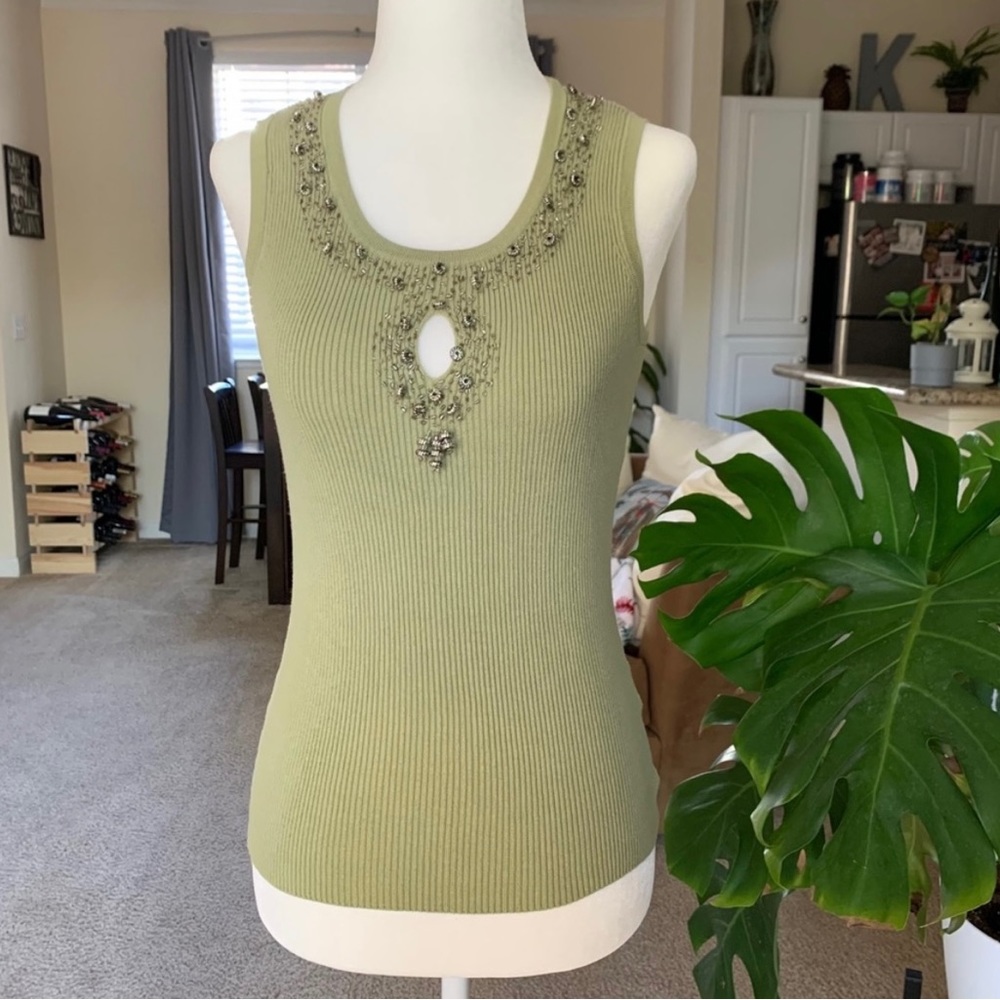 Green Ribbed Stretch Sleeveless Top with Beaded Neckline
